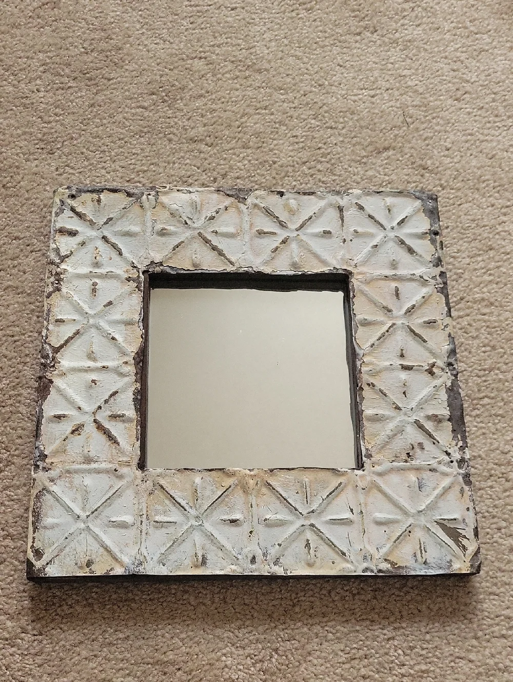 Distressed White Decorative Wall Mirror - Rustic Tile-Pattern Frame.